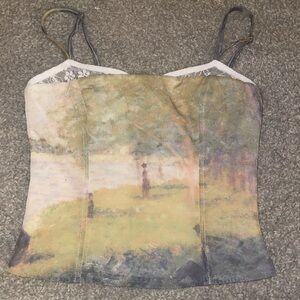 Edikted XS Corset Tank Top – Lace Trim, Pastel Impressionist Print